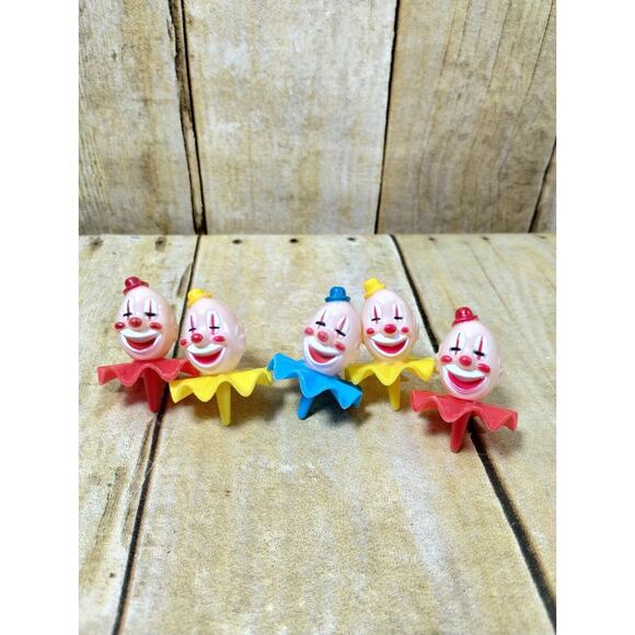 Vtg Creepy Clown Cake Toppers Picks Happy Red Blue Yellow Circus Set Of 5 - Picture 1 of 5